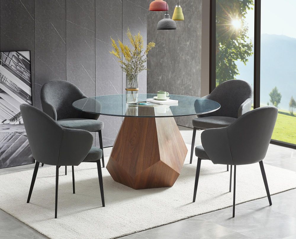 COMEDOR REDONDO H1683 BASE WALNUT + 4 SILLAS H0423 BLACK POWDER MATTE
