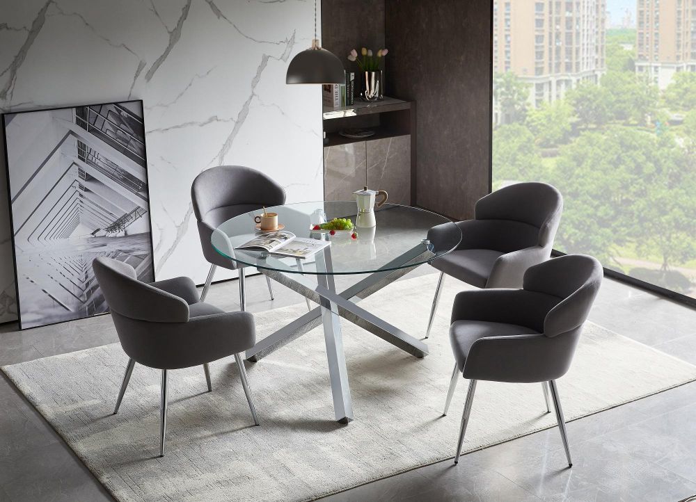 COMEDOR REDONDO SOBRE DE VIDRIO H1636 + 4 SILLAS H0364 DARK GREY